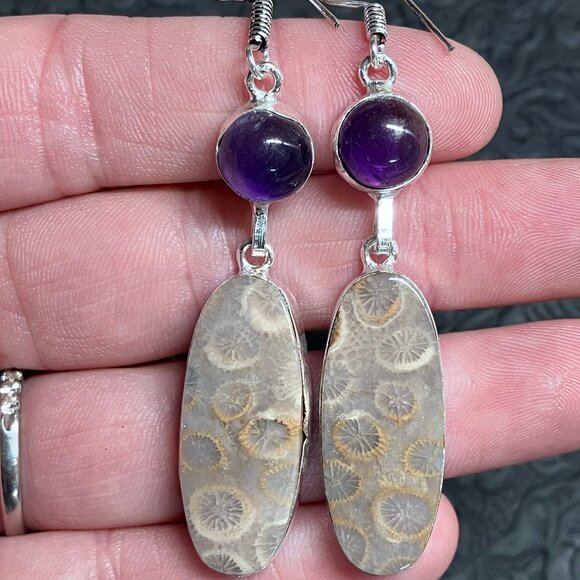 Amethyst and Coral Fossil Earrings Stone Crystal Jewelry - IMPERFECT DISCOUNT - Picture 3 of 8